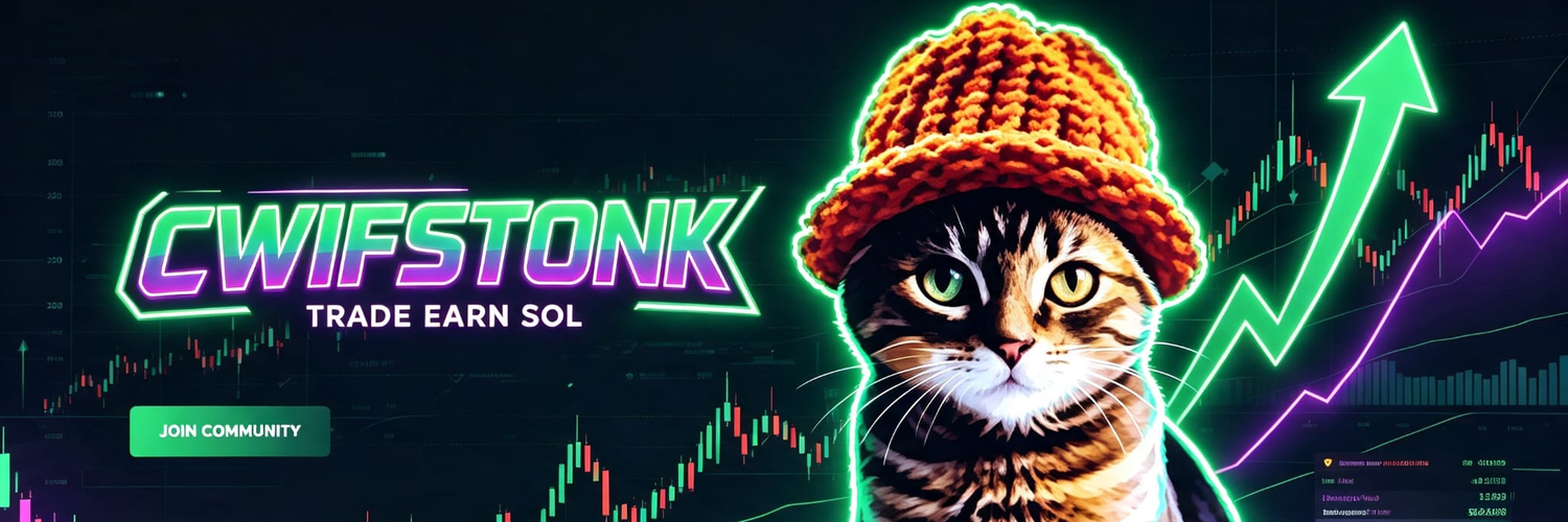 CWIFSTONK — Trade, Earn SOL — cat in an orange beanie in front of a rising green candlestick chart