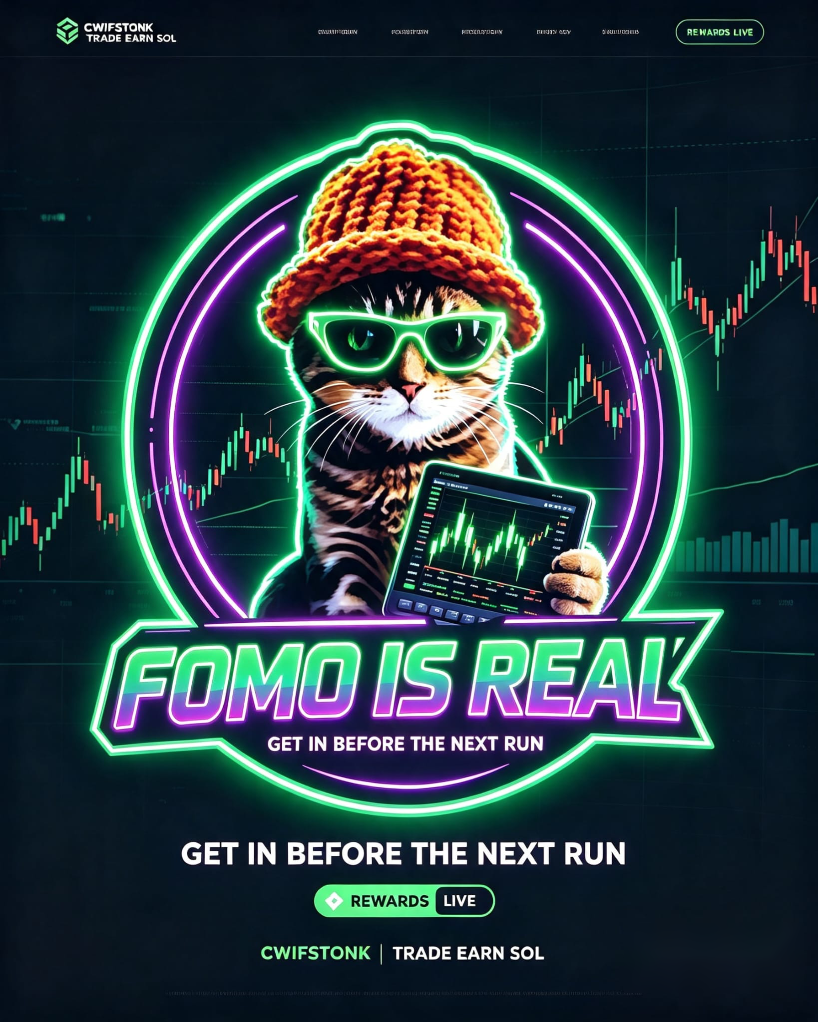 A CWIFSTONK site mockup: the cat in an orange beanie and neon glasses holds a phone showing a green chart, headlined FOMO Is Real