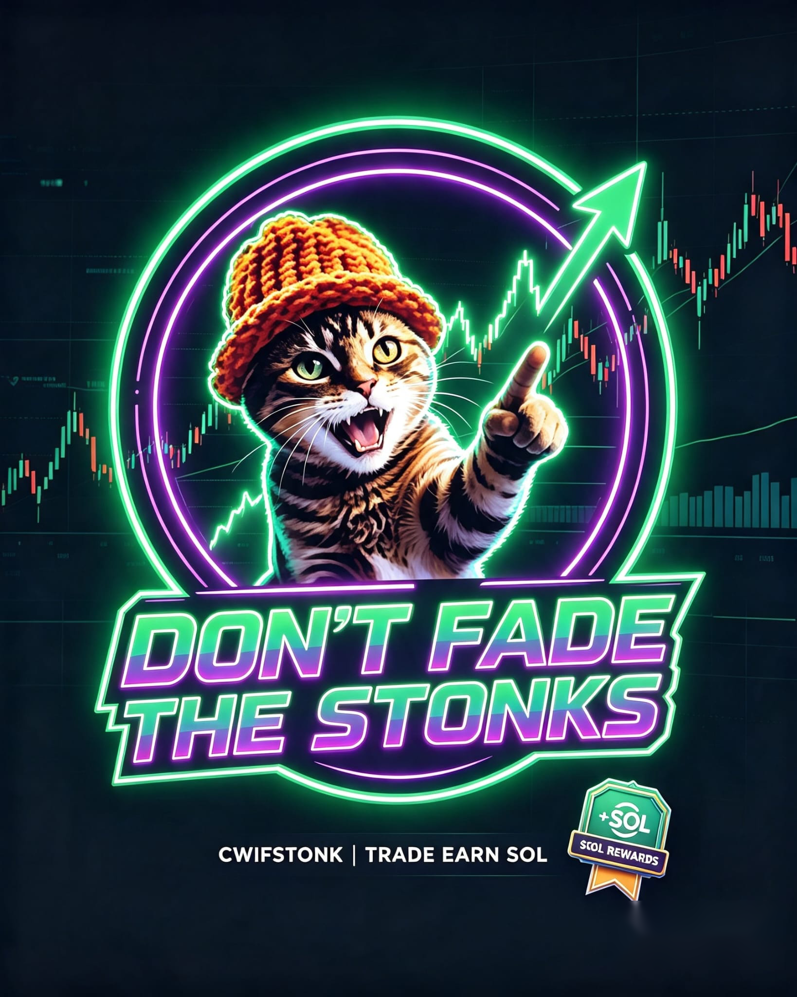 The cat in an orange beanie snarls and points up at a green candlestick arrow, with a +SOL rewards badge in the corner
