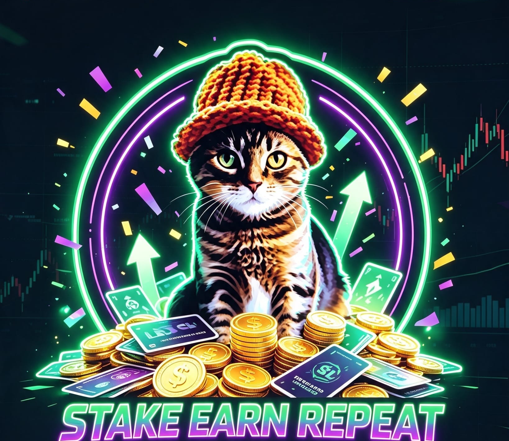 The cat in an orange beanie sits atop a pile of gold coins and cards, surrounded by confetti and rising arrows