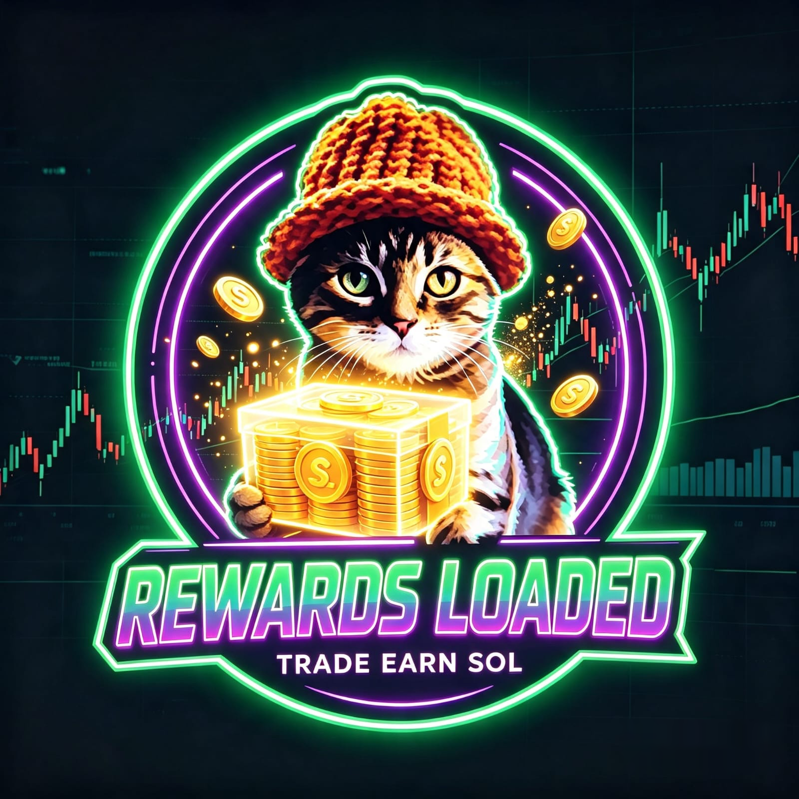 The cat in an orange beanie rests its paws on a glowing gold treasure chest of coins, with more coins falling around it