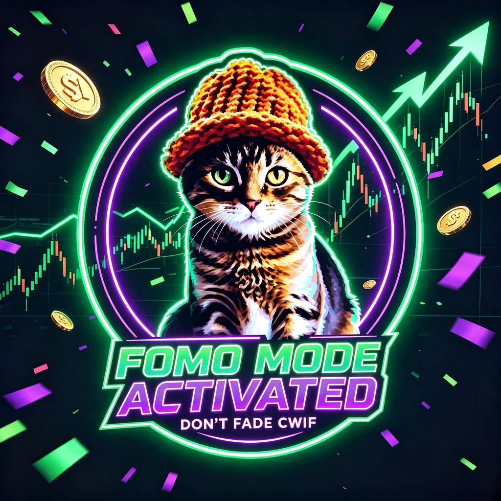The cat in an orange beanie sits inside a neon ring surrounded by confetti and a rising green arrow