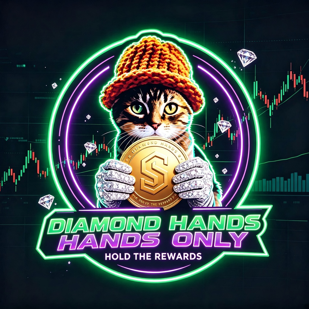 The cat in an orange beanie holds a gold coin stamped S with diamond-covered paws, inside a neon green and purple ring