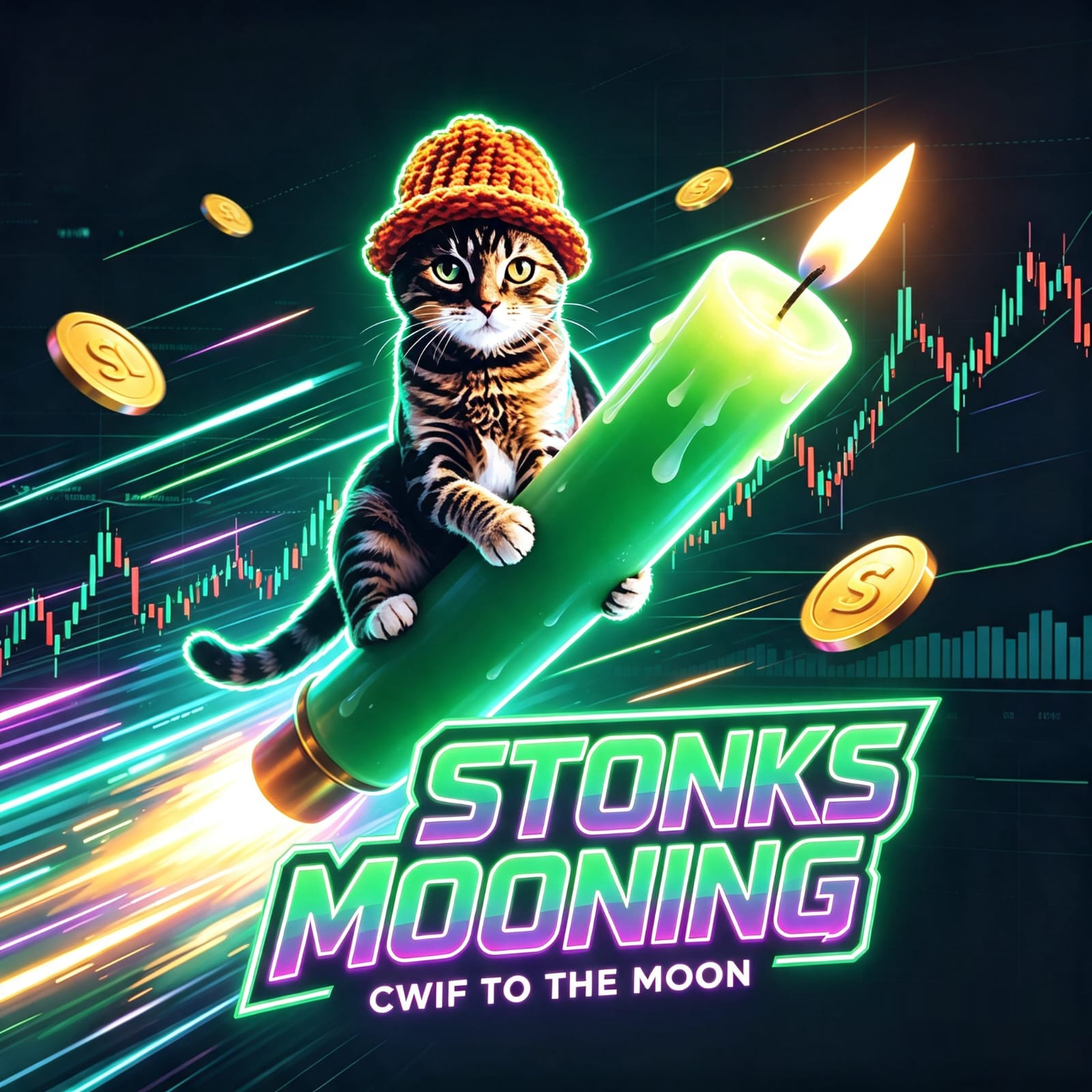 A tabby cat in an orange beanie rides a green candlestick like a rocket, trailing neon light streaks and gold coins