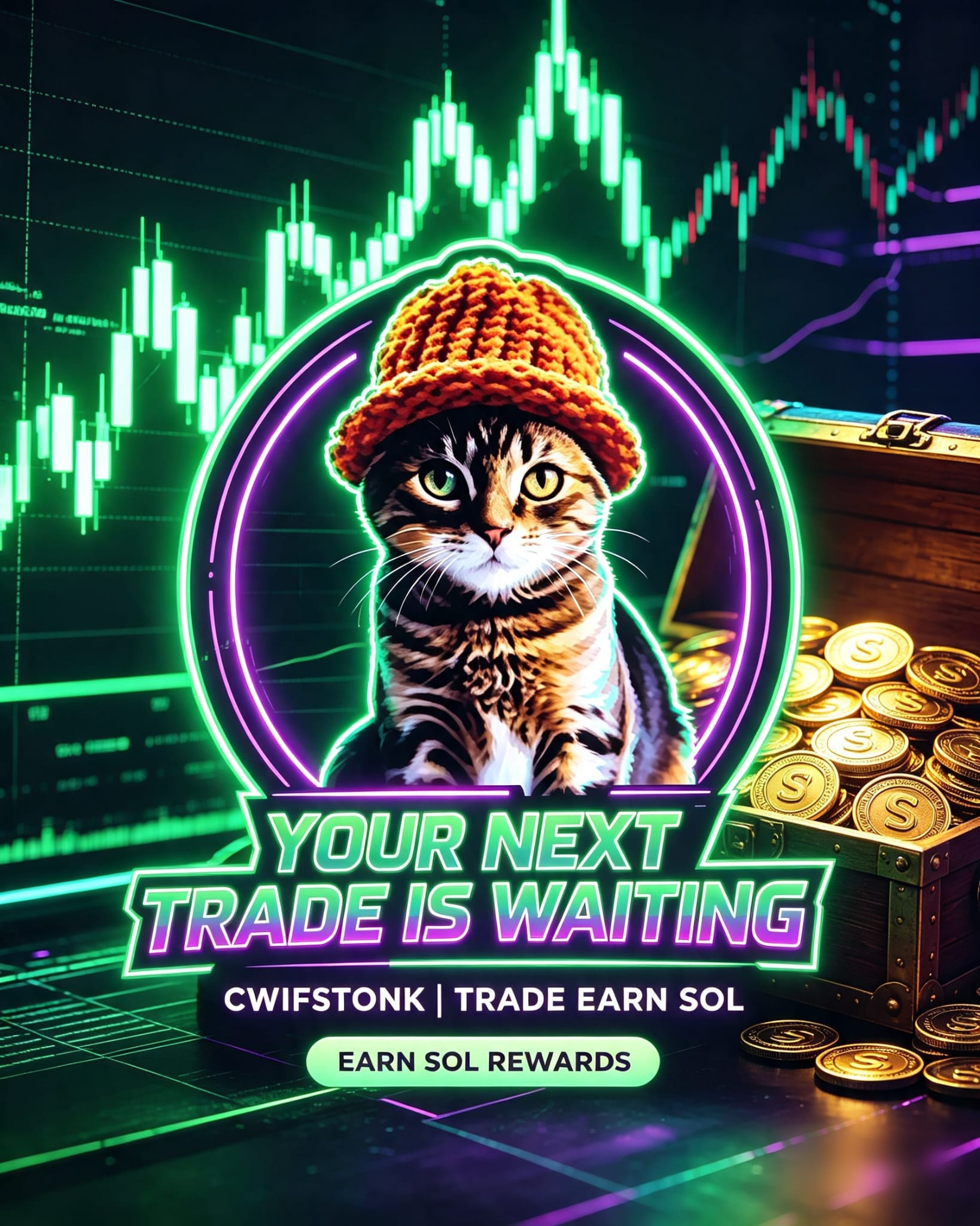 The cat in an orange beanie sits in front of a treasure chest of gold coins, headlined Your Next Trade Is Waiting